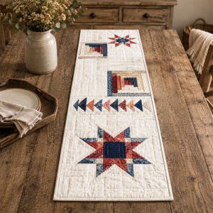 Minimal Patriotic Star Quilted Table Runner, Americana Farmhouse Decor, Cream Red Navy Patchwork Quilting