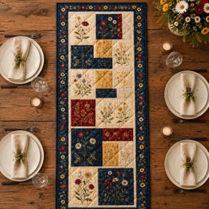 May include: A rectangular quilted table runner featuring a patchwork design of cream, navy blue, mustard yellow, and deep red squares. The fabric displays botanical illustrations of wildflowers and a floral border in red, yellow, and white.