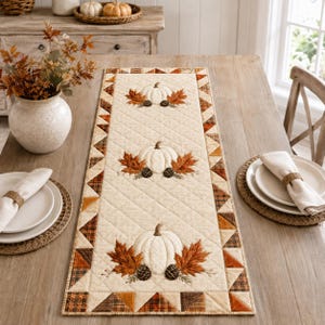 May include: A rectangular quilted table runner featuring a cream-colored center with three embroidered white pumpkins, brown autumn leaves, and pinecones. The border consists of a geometric pattern of triangles in shades of orange, brown, and tan.