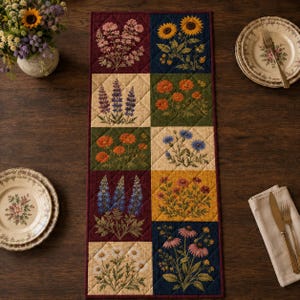 May include: A rectangular quilted table runner featuring ten distinct square panels, each displaying a different botanical illustration of flowers including sunflowers, daisies, and lupines against varied solid-colored backgrounds.