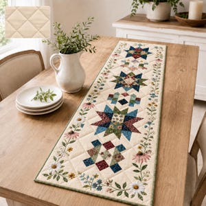 May include: A rectangular quilted table runner featuring a cream-colored background with a diamond-stitched pattern. The runner is decorated with a central row of colorful star-shaped patchwork blocks and floral vine borders in shades of blue, red, and green.