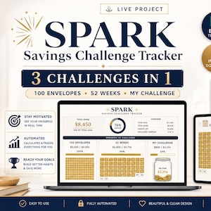 Puede incluir: Una plantilla de Excel digital Spark Savings Challenge Tracker que presenta tres objetivos financieros distintos: 100 Envelopes, 52 Weeks y My Challenge. La interfaz muestra barras de progreso, un total ahorrado de $8,450 y gráficos de seguimiento automatizados.