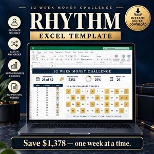 Puede incluir: Una plantilla de Excel digital para un desafío de ahorro de 52 semanas mostrada en la pantalla de una computadora portátil. La interfaz incluye un rastreador de progreso, una tabla de ahorro semanal y una cuadrícula de 52 casillas numeradas. El texto incluye '52 WEEK MONEY CHALLENGE', 'RHYTHM' y 'Save $1,378 – one week at a time.'