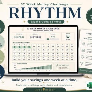 Puede incluir: Una hoja de cálculo digital de 52 Week Money Challenge en la pantalla de un portátil, con un rastreador de ahorros semanal, barra de progreso y gráfico de resumen. Incluye guía de inicio, iconos de Excel y Google Sheets y texto.