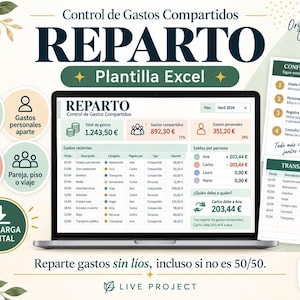Pode incluir: Um modelo digital de Excel para controlo de despesas partilhadas exibido num ecrã de portátil. A interface mostra resumos financeiros, transações recentes e saldos em euros, incluindo cartões de configuração e registos de transações.