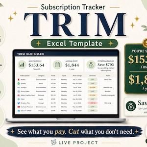 Puede incluir: Una plantilla de Excel para el seguimiento de suscripciones titulada TRIM, mostrada en la pantalla de un portátil. El panel muestra los costes mensuales y anuales, los ahorros potenciales y una lista detallada de suscripciones con categorías.