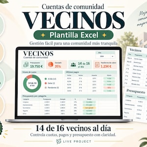 Puede incluir: Una plantilla digital de Excel para la gestión de comunidades mostrada en una pantalla de portátil. La interfaz presenta gráficos, tablas y datos financieros para el seguimiento de cuotas, presupuestos anuales y estados de pago.