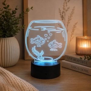 Personalized Fish Bowl LED Night Light | Custom Couple Names Acrylic Lamp | Romantic Fish Aquarium Night Light | Wedding Gift