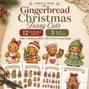 Puede incluir: Una colección digital de ilustraciones imprimibles con temática de pan de jengibre titulada Amber & Twine Gingerbread Christmas Fussy Cuts. El set incluye 12 hojas con 3 tamaños de personajes de pan de jengibre, incluyendo figuras con gorros.
