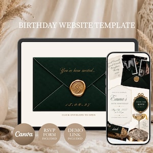 May include: A digital birthday website template displayed on a tablet and smartphone screen. The design features a dark green envelope with a gold wax seal and the text You're been invited, alongside an invitation for Emma's 30th birthday.
