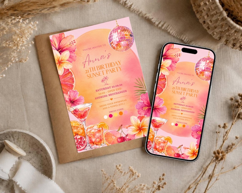 Tropical Sunset Birthday Invitation Template, Editable Pink Summer ...