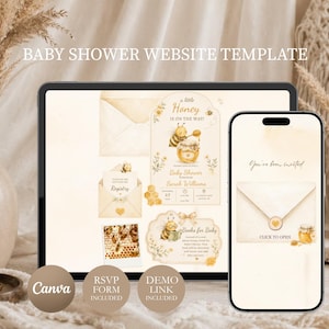 Webbmall för babyshower med honungsbi, inbjudan till babyshower med bi, lite honung är på väg, redigerbar Canva-webbplatsinbjudan