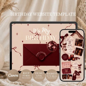 May include: A digital birthday website template displayed on a tablet and smartphone screen. The design features a light beige background with dark red ribbons, a disco ball, and a dark red envelope with the text CLICK TO OPEN.