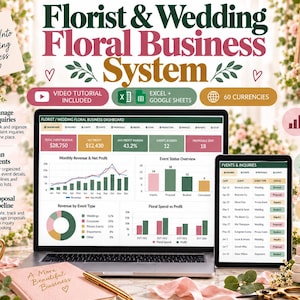 Puede incluir: Un sistema de gestión empresarial para floristas mostrado en una pantalla de portátil y tableta, con gráficos, seguimiento de ingresos y registros de consultas. La interfaz incluye textos como Florist & Wedding Floral Business System, Excel + Google Sheets y 60 Currencies, rodeado de decoraciones florales y un cuaderno.