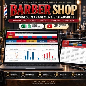 May include: A digital barber shop business management spreadsheet displayed on a laptop and tablet screen. The interface features a dashboard with sales, appointments, and performance charts. Text includes "BARBER SHOP BUSINESS MANAGEMENT SPREADSHEET" and "EXCEL & GOOGLE SHEETS FULLY COMPATIBLE" with a video tutorial icon.