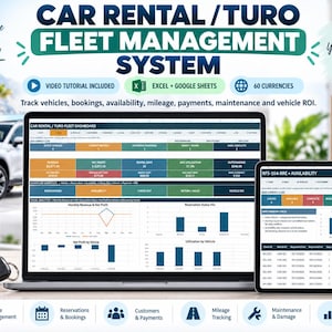 Puede incluir: Un sistema digital de gestión de flotas de alquiler de coches y Turo que se muestra en la pantalla de un portátil y una tableta. La interfaz incluye paneles de datos, gráficos y tablas para realizar el seguimiento de vehículos y reservas.