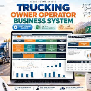 May include: A digital trucking owner operator business system displayed on a laptop and tablet screen, featuring financial dashboards, rate calculators, and analytics. Includes a notepad, pen, and a mug with the text Fueled by Miles Driven by Freedom.