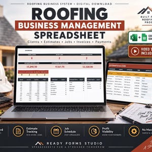 May include: A digital roofing business management spreadsheet displayed on a laptop and tablet screen. The interface shows dashboards for clients, estimates, jobs, invoices, and payments. Includes text: Roofing Business Management Spreadsheet.