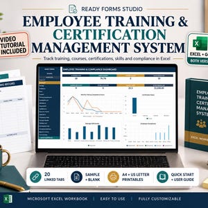 Op de afbeelding: Een laptop met een dashboard voor het beheer van trainingen en certificeringen van werknemers, vergezeld van geprinte trainingsrecords, een werkboek, een snelstartgids en iconen voor Excel en Google Sheets.