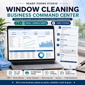May include: A laptop displaying a ClearView Business Dashboard for window cleaning, surrounded by printed forms including a Client Intake Form, Quote Calculator, Service Plan, Route Planner, and Invoice. Text includes Ready Forms Studio.