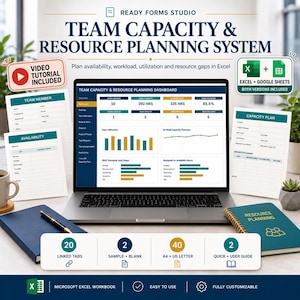 May include: A digital Team Capacity and Resource Planning System for Excel and Google Sheets. The display shows a dashboard with charts, metrics, and planning forms. Includes 20 linked tabs, sample and blank templates, A4 and US letter sizes.