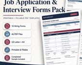 A collage of three white forms: a Job Application Form, an Interview Scorecard, and a Reference Check Record, with text overlays describing the product features.
