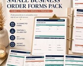 A flat lay shows a stack of white business forms, a clipboard with a form, and several individual forms with green and orange accents, on a light wood surface with a coffee cup and plant.