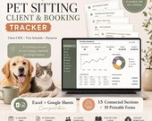 A laptop displays a pet sitting dashboard spreadsheet alongside printed forms, a golden retriever, and a cat.