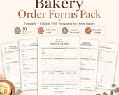 An assortment of printable bakery order forms is displayed on a neutral background alongside a cupcake and eucalyptus leaves.