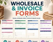 Four wholesale and invoice forms displayed side by side with icons representing bulk orders, clear pricing, and payment tracking.