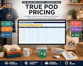 A desktop with a monitor displaying a spreadsheet titled "True POD Pricing," surrounded by t-shirts, a tote bag, and a mug.