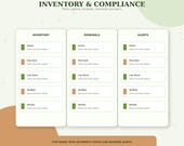 A digital display titled "INVENTORY & COMPLIANCE" showing three columns for inventory, renewals, and alerts, each with status details like "Due Soon" and "Low Stock."