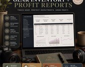 A laptop showing a gear inventory and profit reports spreadsheet, flanked by SD cards, a camera, and an olive green notebook.