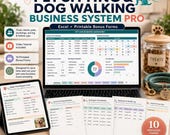 A laptop displays a "Pet Care Business Dashboard" spreadsheet, with a dog leash, a jar of "TREATS," and various printable forms surrounding it.