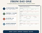 A product highlight showing the embroidery customer order form template next to text listing size, format, and download details.