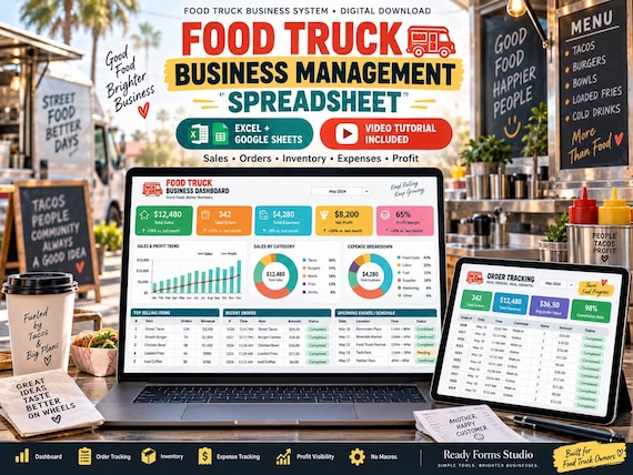 Food Truck Business Spreadsheet | Sales, Orders, Inventory, Expenses, Events & Profit Dashboard | Excel + Google Sheets