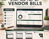 A product feature slide for the vendor bills tracker displaying accounts payable dashboards and aging summary tables on a laptop.