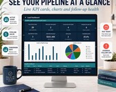 A laptop displays a lead and follow-up tracker dashboard with key performance indicators, charts, and a "Follow Up Health" section.