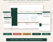 Five green and white spreadsheet forms are arranged around a central dashboard, with labels for "Requests," "Work Orders," "Turnovers," "Inspections," and "Vendors."