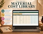 A laptop screen shows a "Material Cost Library" spreadsheet with columns for item, unit of measure, purchase unit, and conversion factor, next to craft items.