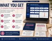 A desktop monitor displays a "Product Pricing & Profit Calculator" spreadsheet, with a plant and a notebook on the desk, and text overlays describing "What You Get" and various features like "Blank Workbook."