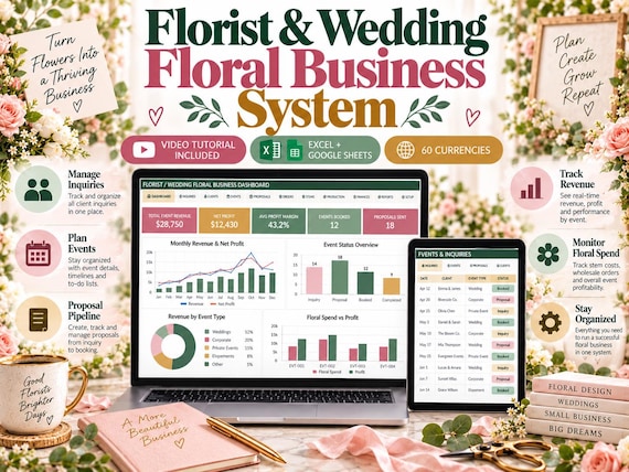 Wedding Florist Spreadsheet | Floral Recipe, Stem Count, Wholesale Orders & Event Profit | Excel + Google Sheets