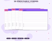 Six blank printable forms, labeled "Form 01" through "Form 06," are stacked on a purple background, each with checkboxes and lines for entries.