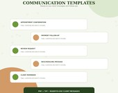 A digital display titled "COMMUNICATION TEMPLATES" showing five boxes with icons and text for different communication templates: Appointment Confirmation, Payment Follow-Up, Review Request, Rescheduling Message, and Client Reminder.