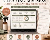 A laptop displays a cleaning business dashboard spreadsheet with revenue and job status charts, surrounded by printable forms and a spray bottle on a wooden desk.