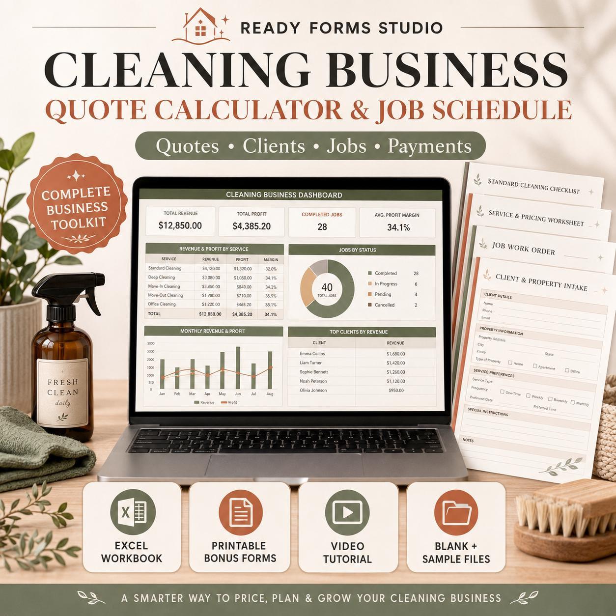 A laptop displays a cleaning business dashboard spreadsheet with revenue and job status charts, surrounded by printable forms and a spray bottle on a wooden desk.