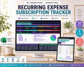 A desktop computer displays an Excel spreadsheet titled "Recurring Expense Subscription Tracker" with sections for commands, subscriptions, bills, renewals, budget, and reports, next to a tablet showing a "Payment & Renewal Calendar."