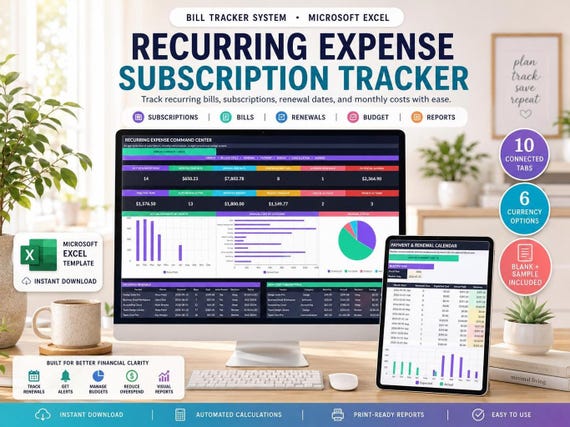 Recurring Expense & Subscription Tracker in Excel: Monthly Expenses, Annual Expenses, Renewals and Bills Spreadsheets