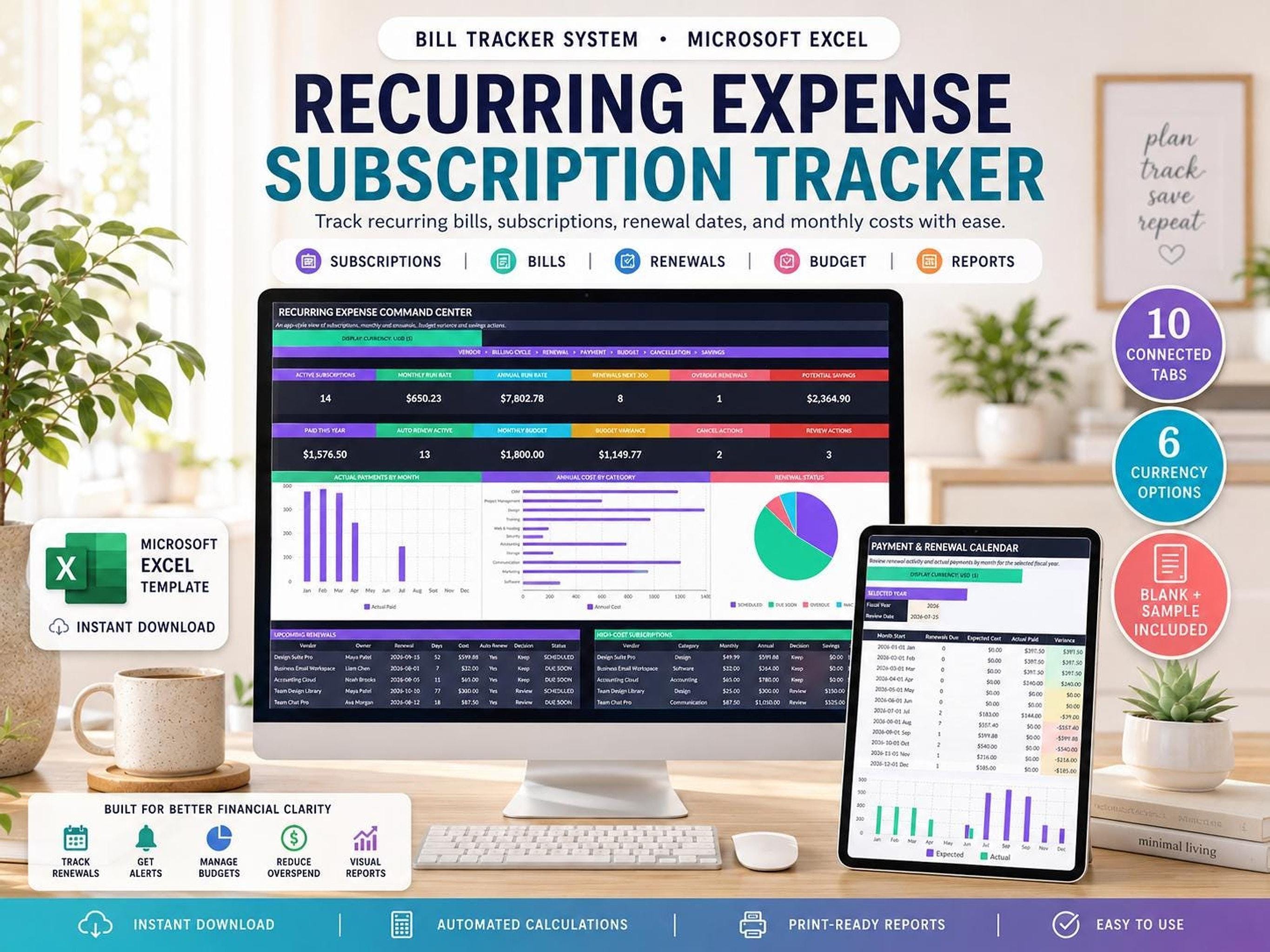 A desktop computer displays an Excel spreadsheet titled "Recurring Expense Subscription Tracker" with sections for commands, subscriptions, bills, renewals, budget, and reports, next to a tablet showing a "Payment & Renewal Calendar."