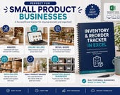 A blue planner with "INVENTORY & REORDER TRACKER IN EXCEL" text is centered, surrounded by six small images depicting various business scenarios like "Makers" and "Online Sellers."